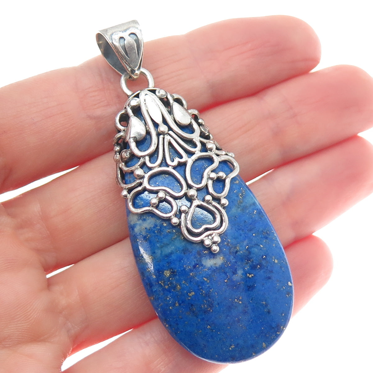 DOUG PAULUS 925 Sterling Silver Vintage Real Lapis Heart Ornate Teardrop Pendant
