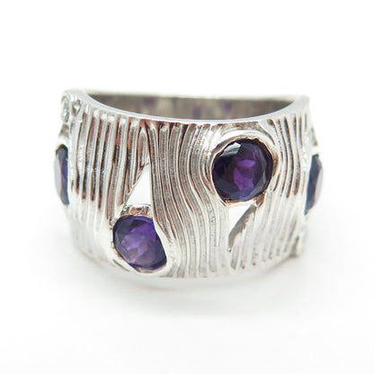 925 Sterling Silver Vintage Real Round-Cut Amethyst Modernist Ring Size 8.25