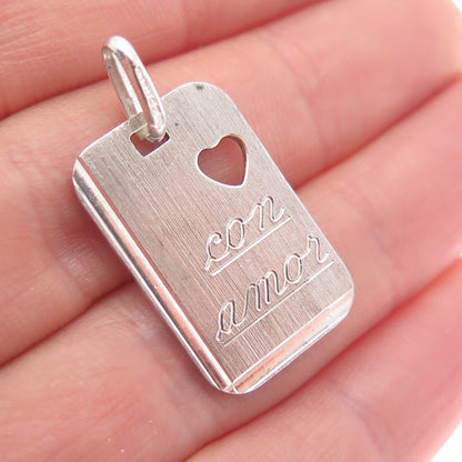 925 Sterling Silver Vintage Italy Con Amore Heart Tag Charm Pendant