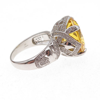 925 Sterling Silver Round-Cut Canary & White C Z Statement Ring Size 7.25
