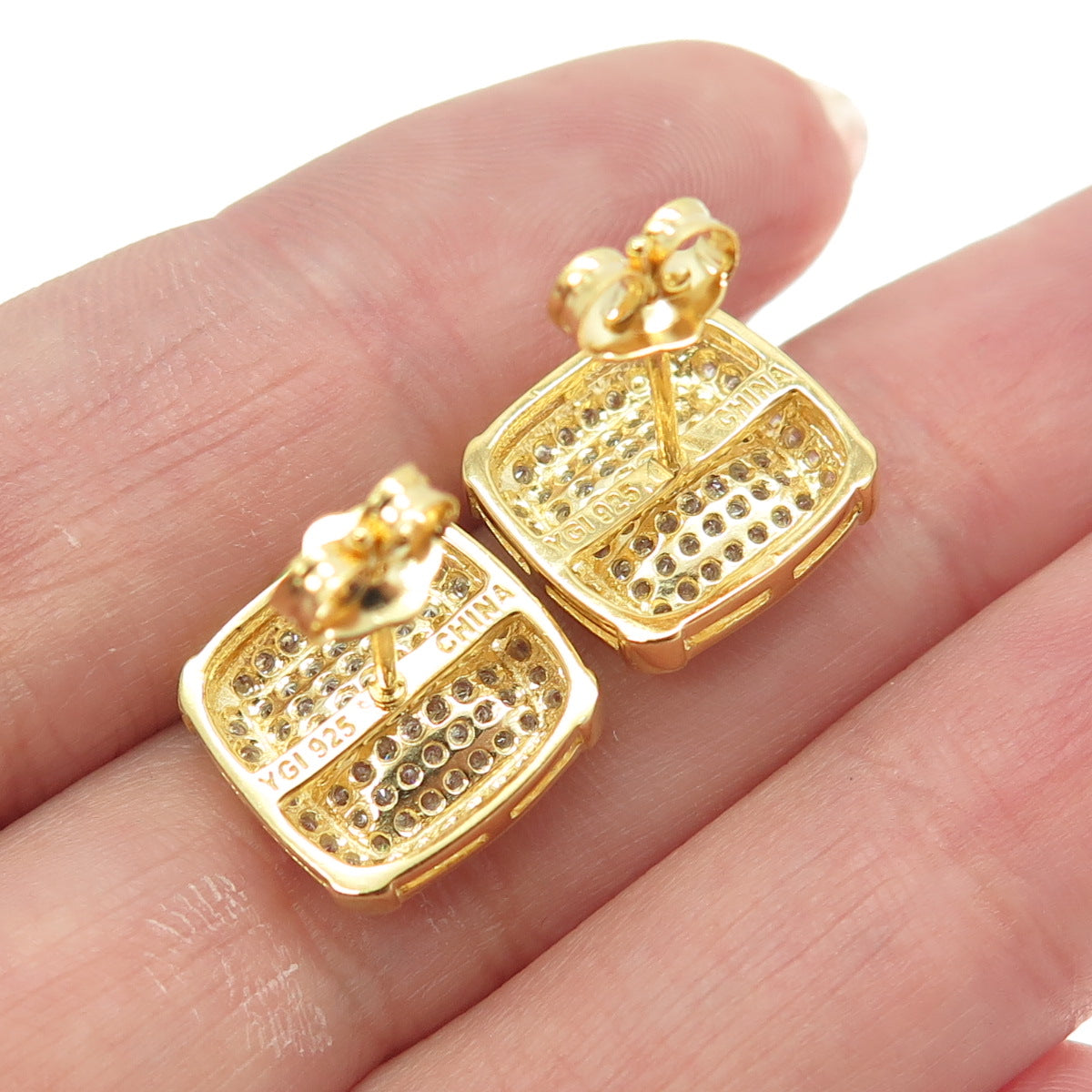 925 Sterling Silver Gold Plated Pave C Z Stud Earrings