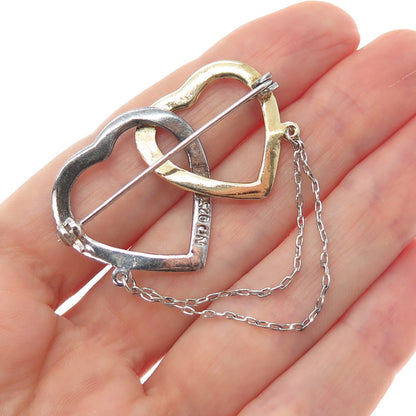 CHAPAL ZENRAY 925 Sterling Silver 2-Tone Vintage Interlocked Heart Pin Brooch
