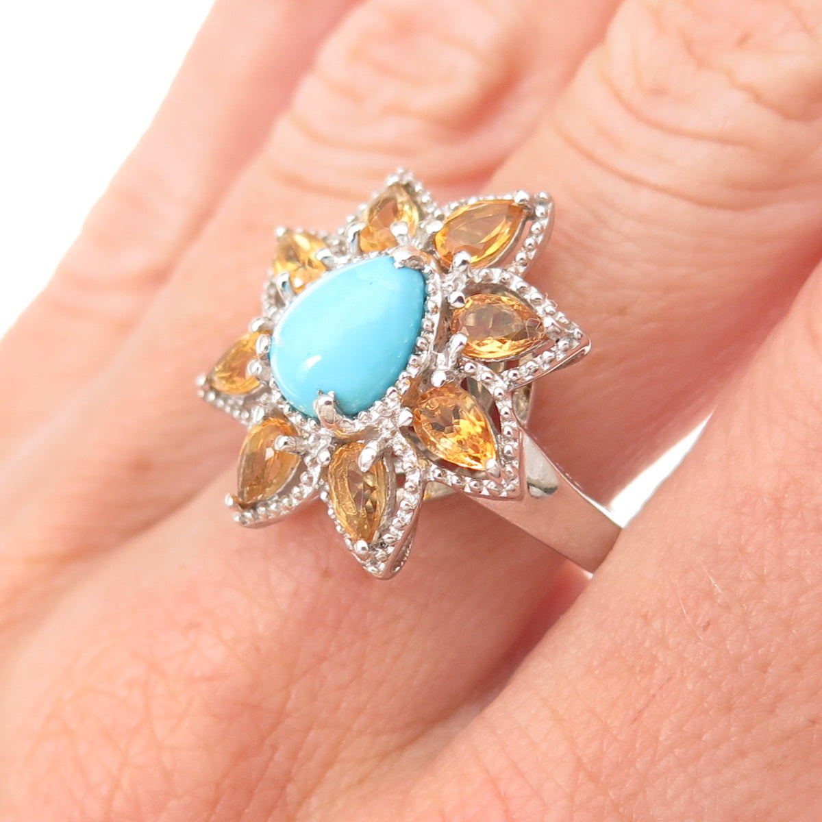Chuck Clemency 925 Sterling Silver Real Turquoise & Citrine Floral Ring Size 8