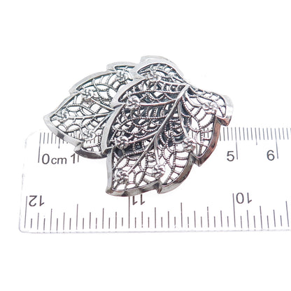 BEAU 925 Sterling Silver Vintage Floral Leaf Filigree Oxidized Pin Brooch