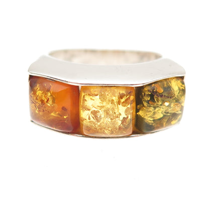 Valerio V-8 925 Sterling Silver Vintage Poland Real Amber Ring Size 6