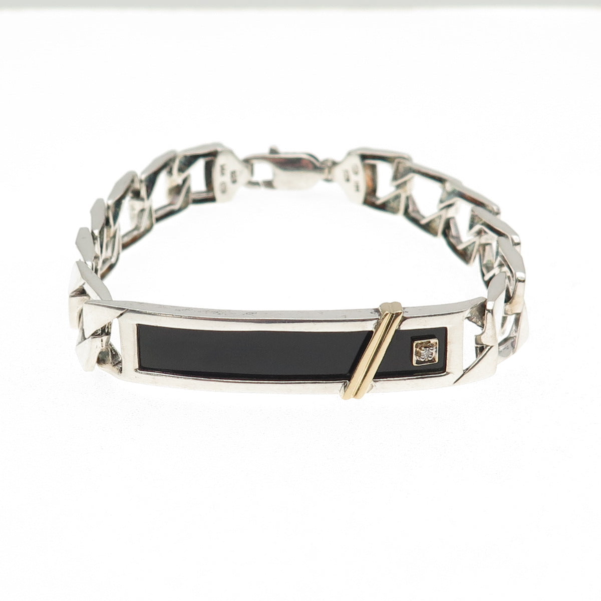 HN Heng Ngai 925 Sterling 14K Gold Vintage Real Diamond & Black Onyx Bracelet 8"