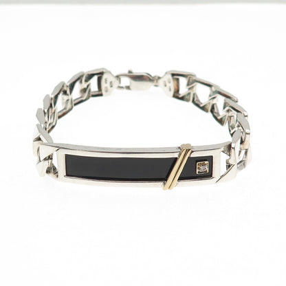 HN Heng Ngai 925 Sterling 14K Gold Vintage Real Diamond & Black Onyx Bracelet 8"