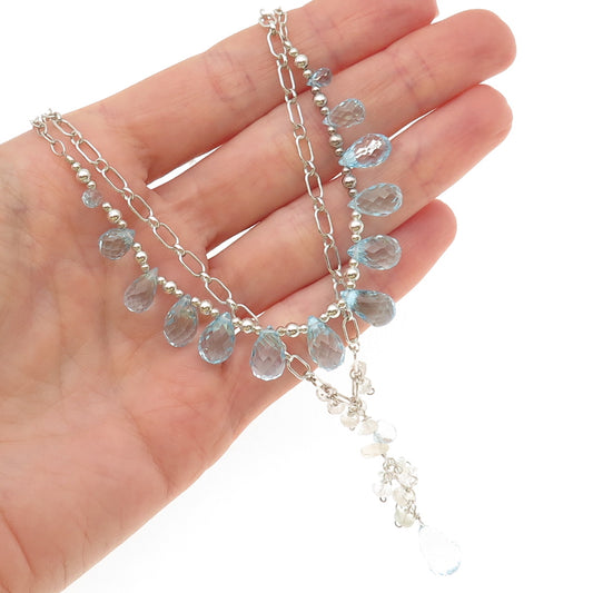 925 Sterling Vintage Real Blue Topaz & Clear Quartz Double Chain Necklace 20"