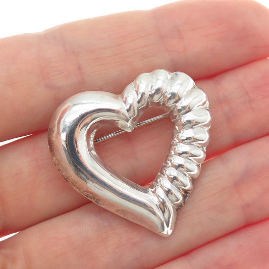 925 Sterling Silver Vintage Modernist Ribbed Heart Pin Brooch