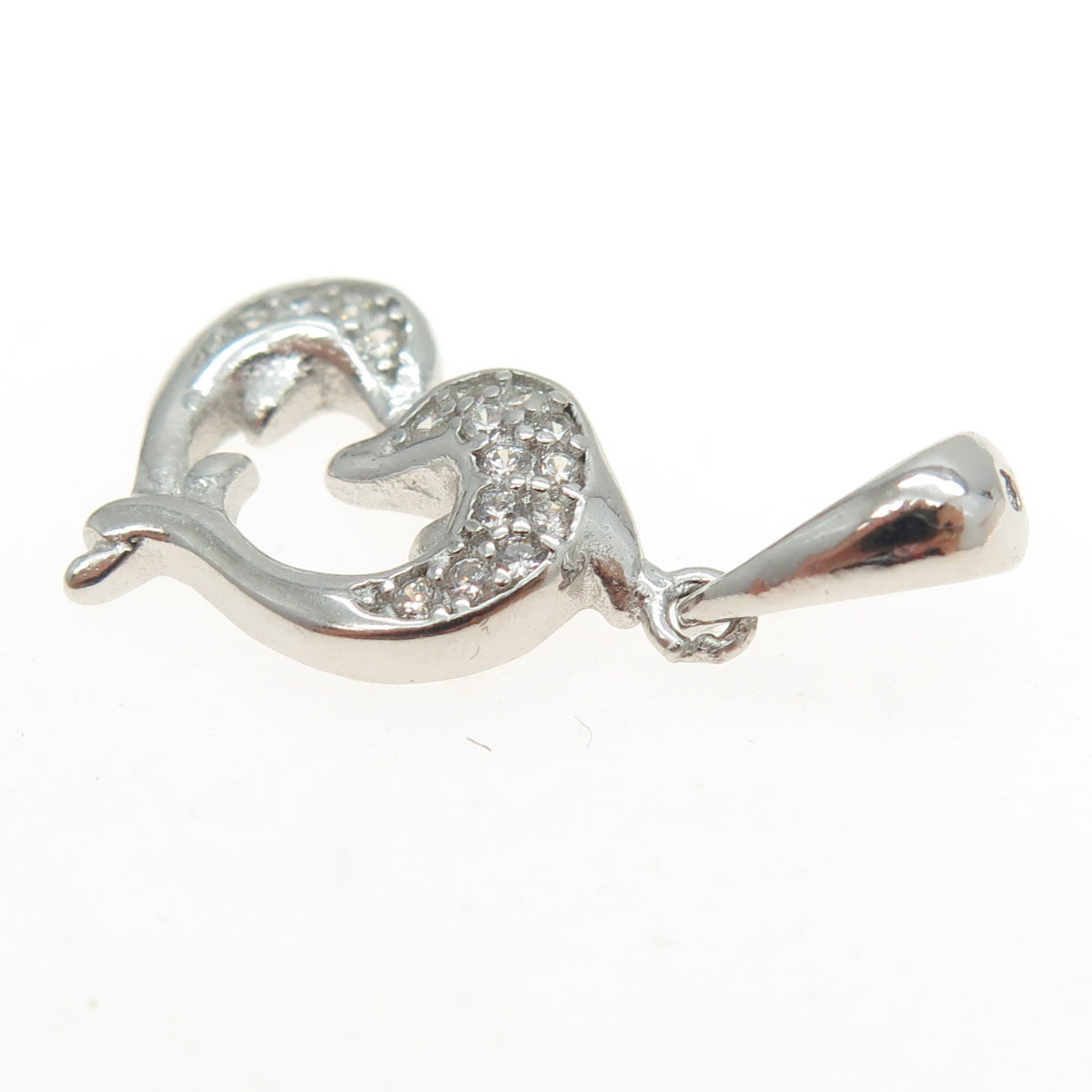 925 Sterling Silver Round-Cut C Z Dolphin Couple Heart Pendant