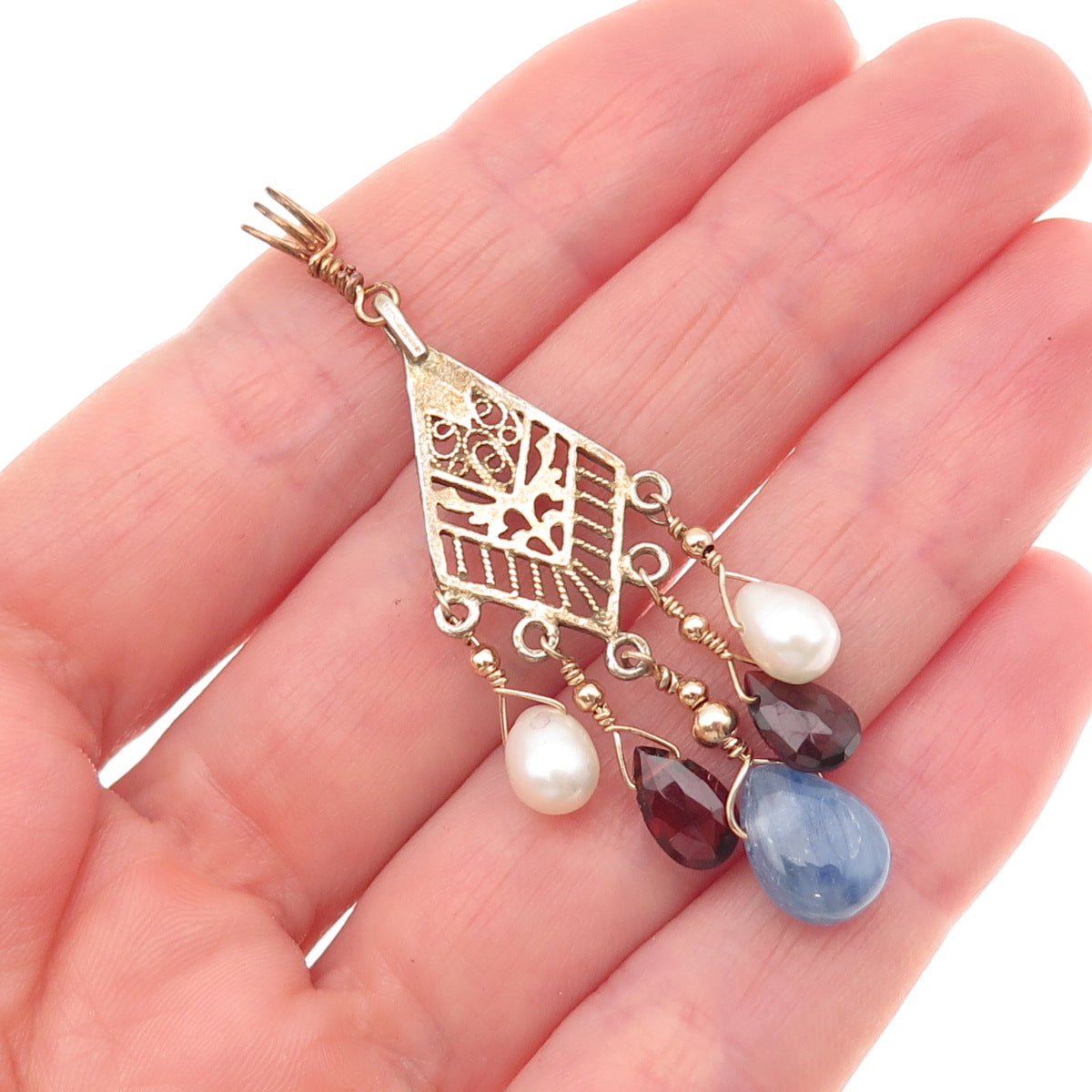 925 Sterling Silver Gold Plated Vintage Real Sapphire Pearl & Red Garnet Pendant