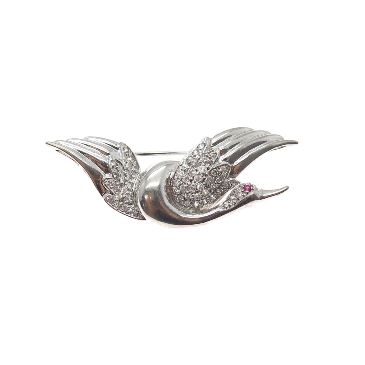 925 Sterling Silver Vintage White & Pink C Z Swan Pin Brooch
