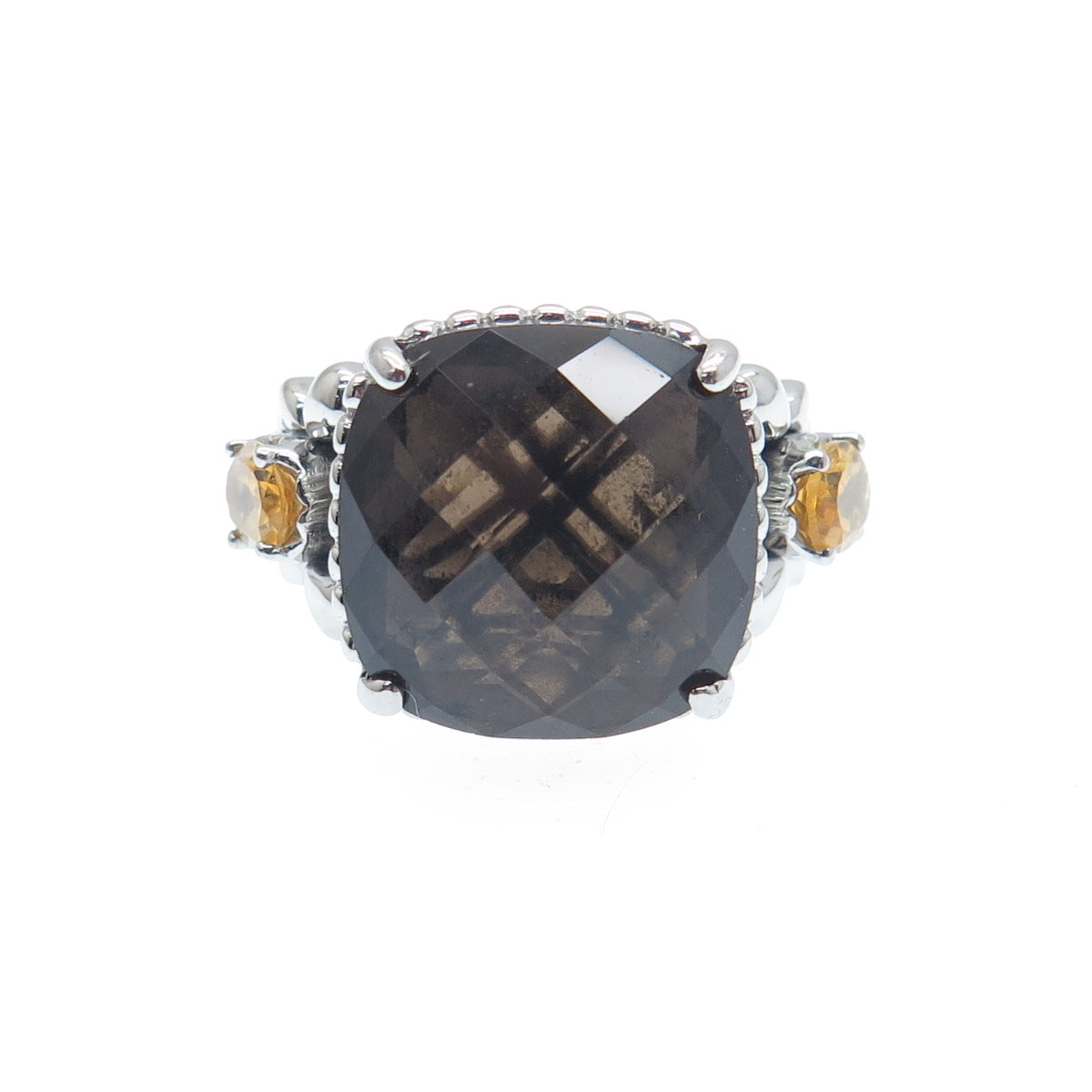 FADI Stainless Steel Real Diamond Smoky Quartz & Citrine Gemstone Ring Size 5.25