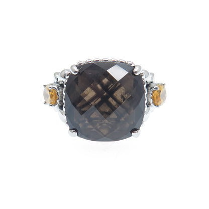 FADI Stainless Steel Real Diamond Smoky Quartz & Citrine Gemstone Ring Size 5.25
