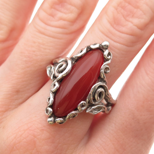 925 Sterling Silver Vintage Real Carnelian Floral Oxidized Ring Size 9.5