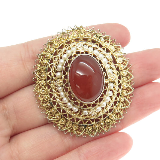 925 Sterling Silver Gold Plated Vintage Israel Carnelian Gem Faux Pearl Pendant