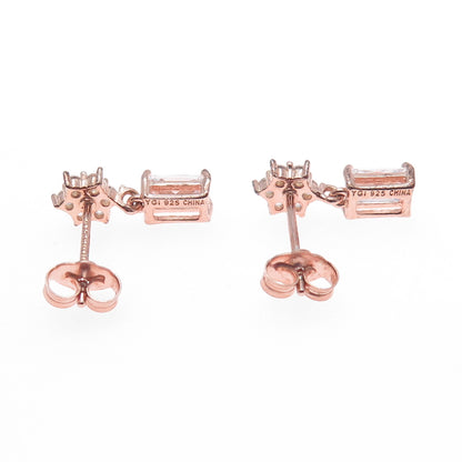 925 Sterling Silver Rose Gold Plated Radiant & Round-Cut C Z Dangle Earrings