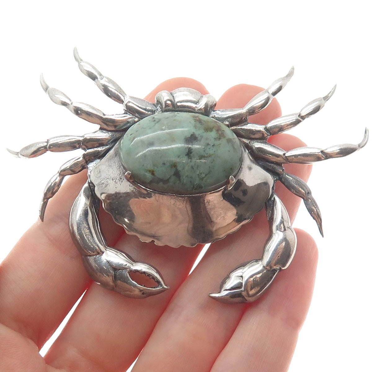 GREAT FALLS METAL WORKS 925 Sterling Silver Vintage Turquoise Gem Crab Brooch