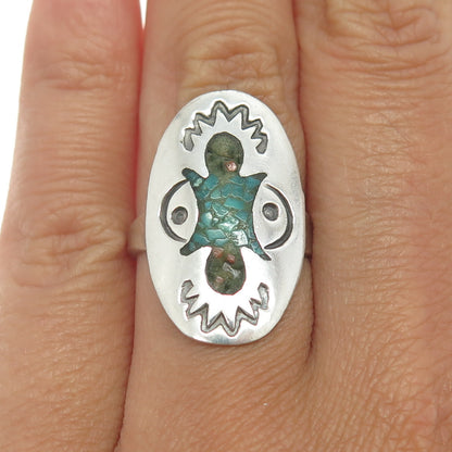 ERVIN TSOSIE Navajo Old Pawn Sterling Silver Turquoise Coral Inlay Ring Size 7