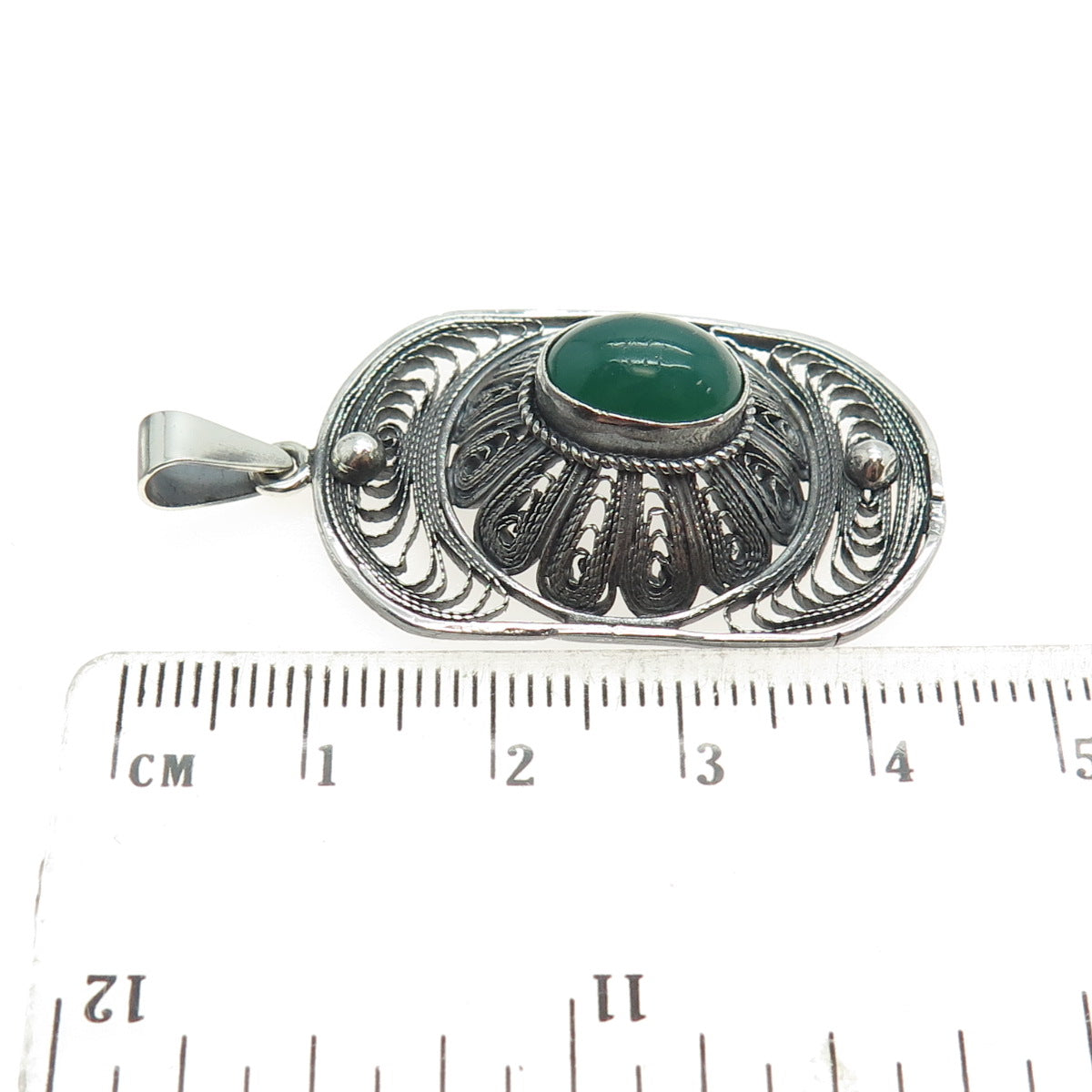 800 Silver Vintage Real Green Onyx Filigree Oxidized Pendant