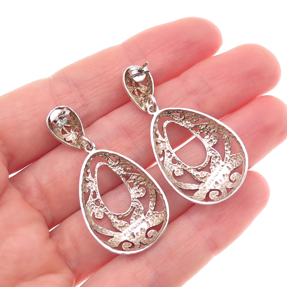 925 Sterling Silver Vintage Floral Teardrop Oxidized Dangle Earrings