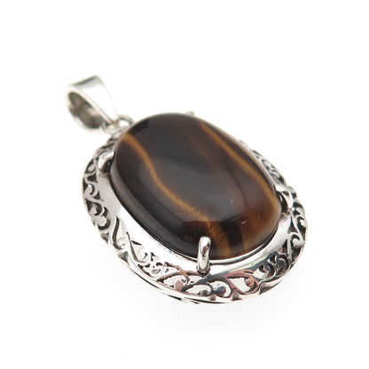 925 Sterling Silver Vintage Real Tiger Eye Floral Scroll Charm Pendant