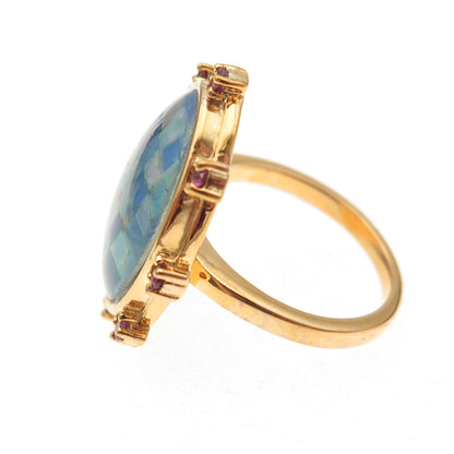 Dasan 925 Sterling Silver Gold Plated Real Opal & Amethyst Mosaic Ring Size 6