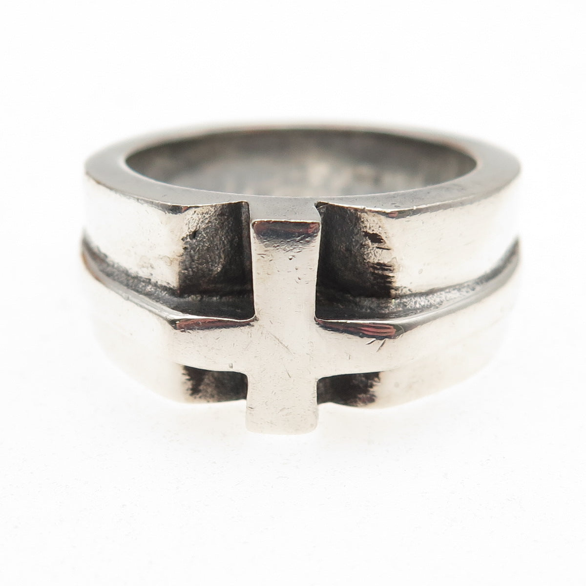 925 Sterling Silver Vintage Cross Oxidized Ring Size 10.25
