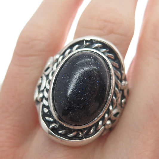 925 Sterling Silver Vintage Real Blue Sunstone Floral Oxidized Ring Size 10.75