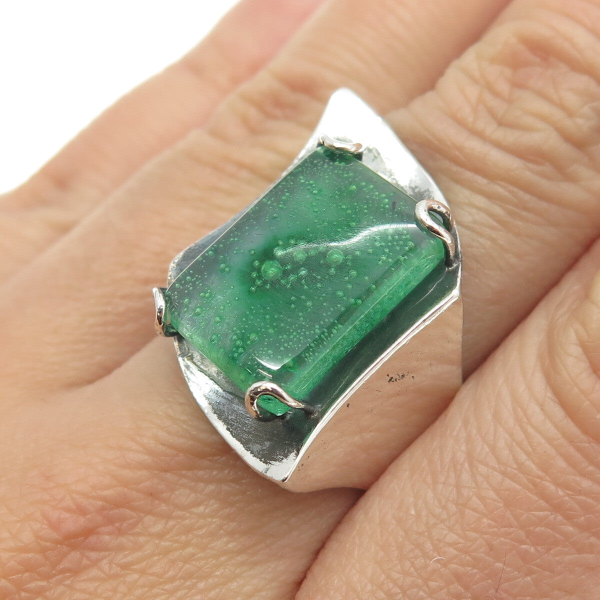 PRIOLI 925 Sterling Silver Green Glass Modernist Ring Size 8