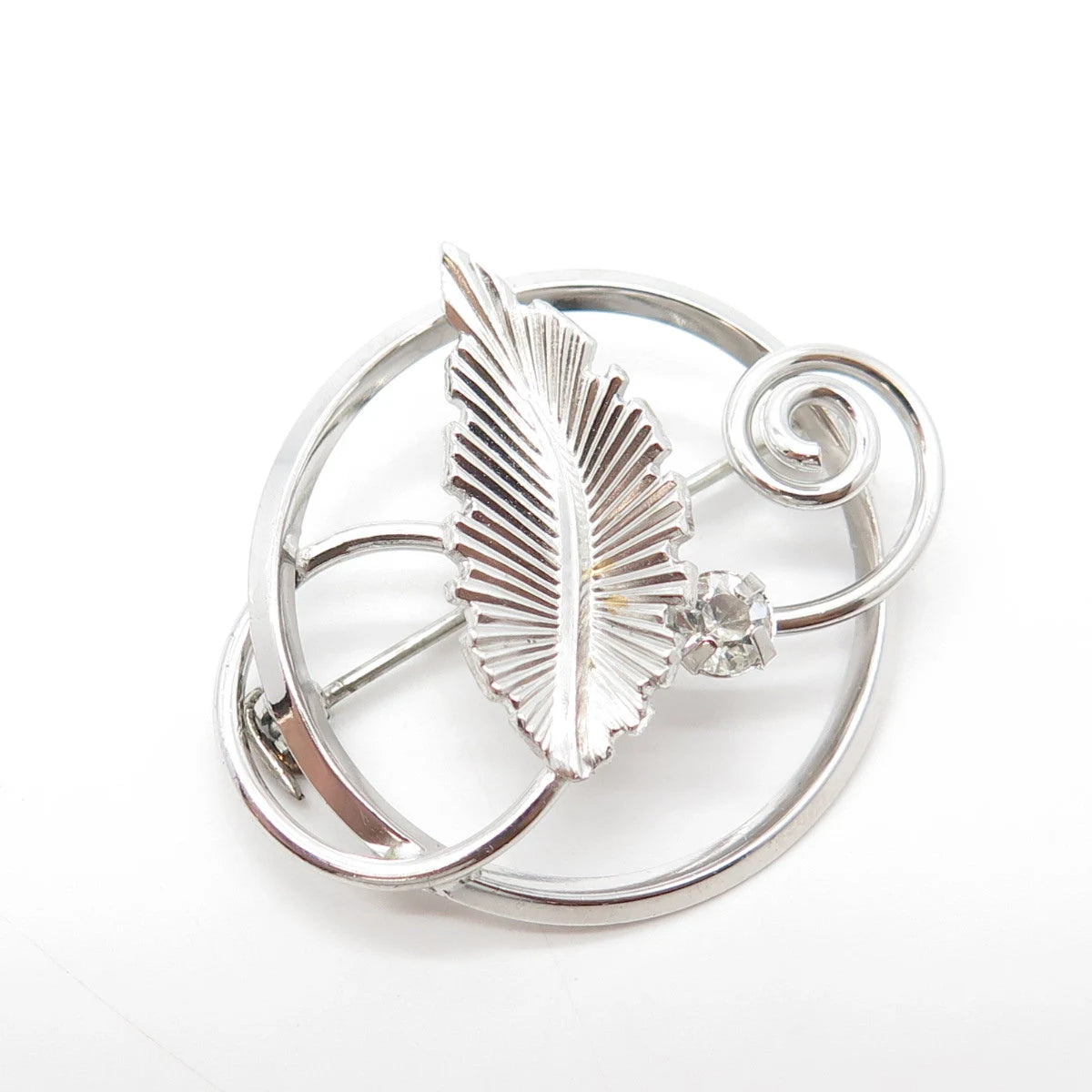 925 Sterling Silver Antique Art Deco Dixell Rhinestone Leaf Pin Brooch