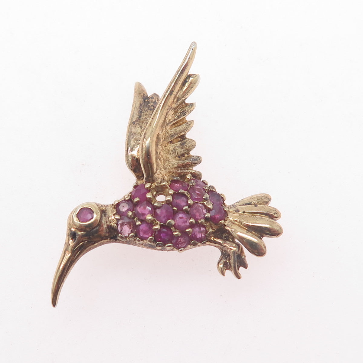 925 Sterling Gold Plated Vintage Real Ruby Hummingbird Brooch (missing 1 stone)