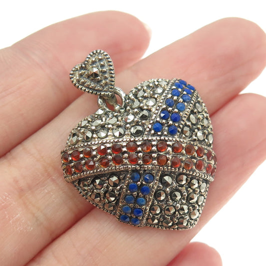 HAN 925 Sterling Silver Vintage Marcasite Lapis Lazuli Garnet Gem Heart Pendant