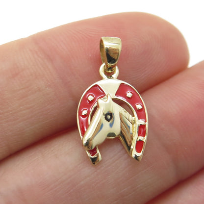 14K Yellow Gold Enamel Horseshoe & Horse Minimalist Charm Pendant