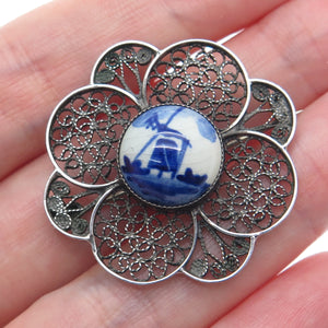 DELFT 835 Silver Vintage Netherlands Ceramic Old Mill Filigree Pin Brooch