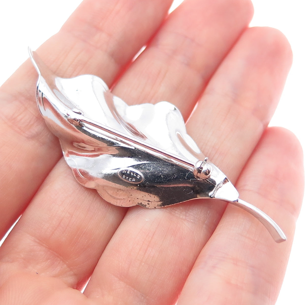 WELLS 925 Sterling Silver Vintage Floral Leaf Pin Brooch
