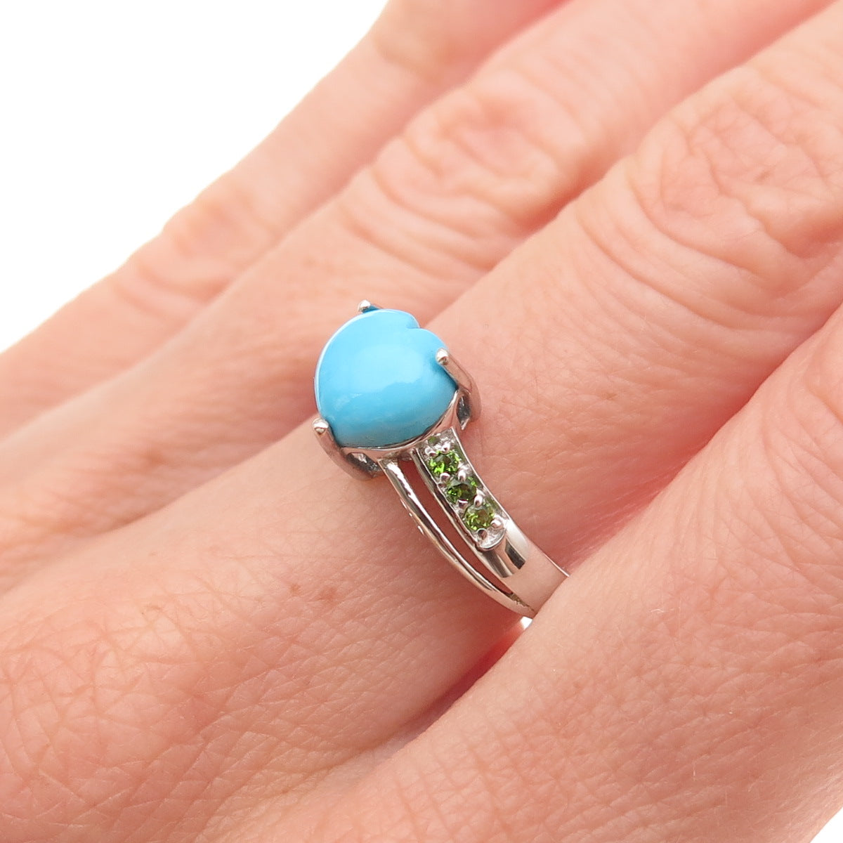 Chuck Clemency 925 Sterling Silver Real Turquoise & Peridot Heart Ring Size 8
