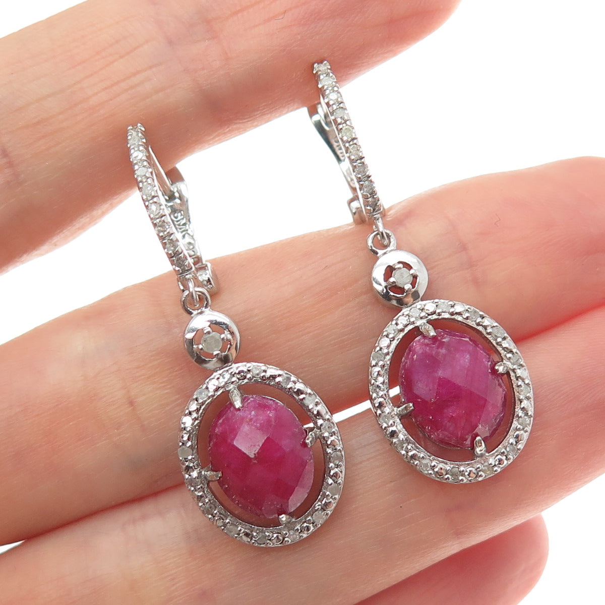 925 Sterling Silver Real Diamond & Oval-Cut Ruby Dangle Earrings