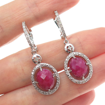 925 Sterling Silver Real Diamond & Oval-Cut Ruby Dangle Earrings