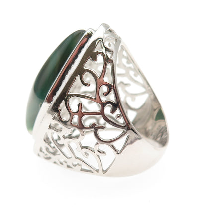Ken Crafts 925 Sterling Silver Real Green Agate Floral Scroll Ring Size 7.5