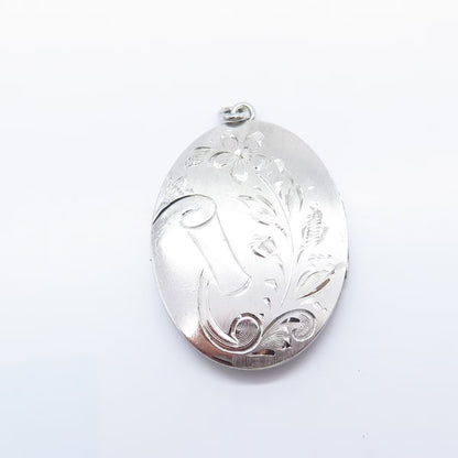 925 Sterling Silver Vintage Etched Floral Oval Pendant