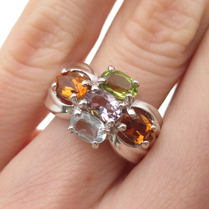 925 Sterling Silver Vintage Real Blue Topaz Amethyst Citrine Peridot Ring Size 6