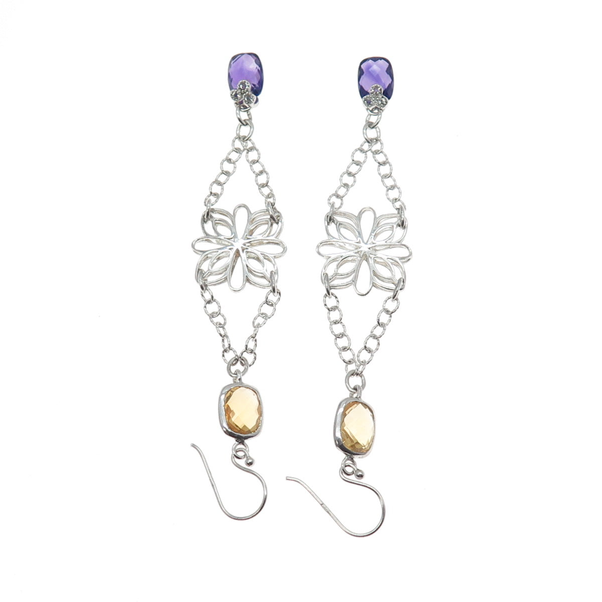 925 Sterling Silver Real Yellow & White Topaz Amethyst Flower Dangle Earrings
