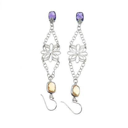 925 Sterling Silver Real Yellow & White Topaz Amethyst Flower Dangle Earrings