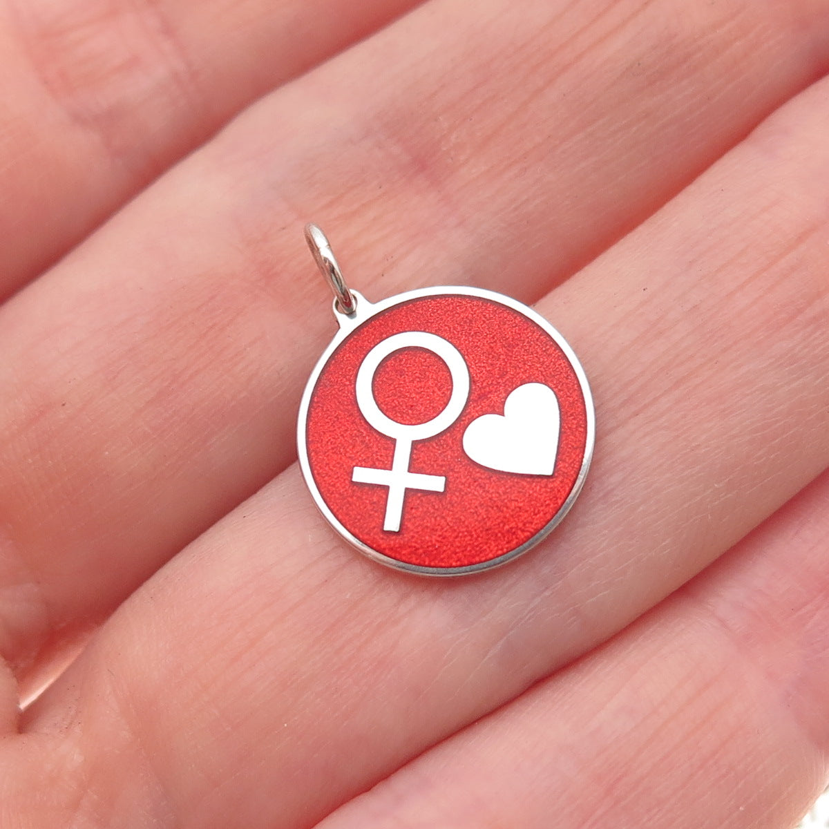 925 Sterling Silver Red Enamel Female Sign Heart Round Tag Mini Charm Pendant