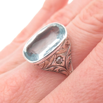 925 Sterling Antique Art Deco Real Diamond & Aquamarine Oxidized Ring Size 6.5