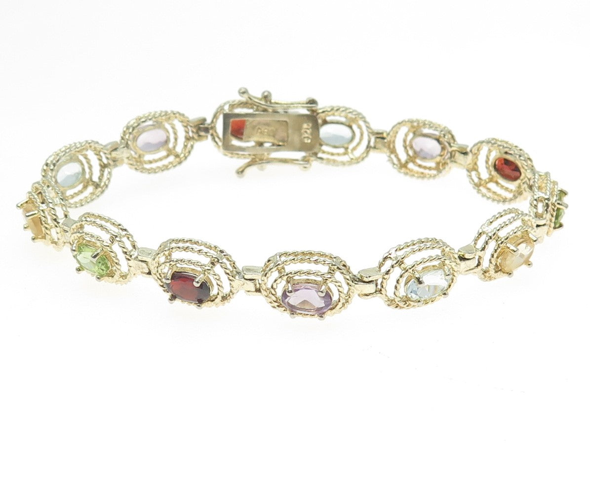 925 Sterling 2-Tone Vintage Amethyst Garnet Topaz Peridot Citrine Bracelet 6.75"