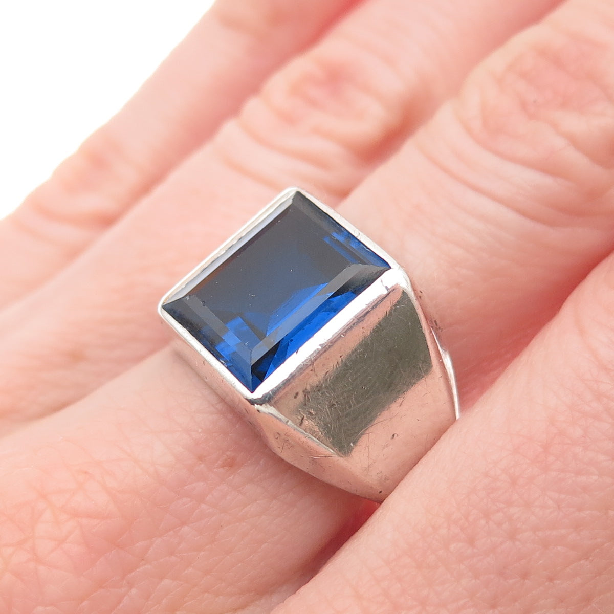 Vargas 925 Sterling Silver Antique Art Deco Emerald-Cut Blue C Z Ring Size 9.5