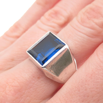 Vargas 925 Sterling Silver Antique Art Deco Emerald-Cut Blue C Z Ring Size 9.5