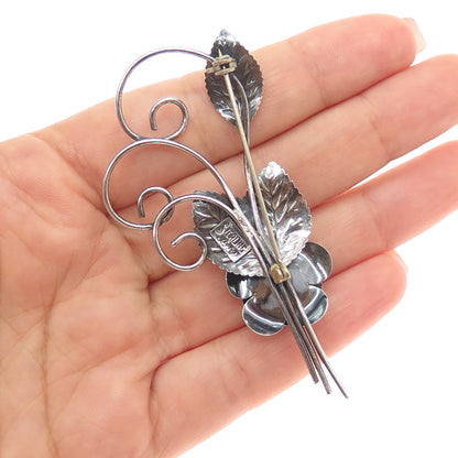 LANG 925 Sterling Silver Vintage Rose Flower Oxidized Pin Brooch